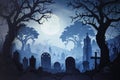 A spooky graveyard at night with tombstones, fog, and ominous moonlight Graveyard At Night Spooky Cemetery Royalty Free Stock Photo