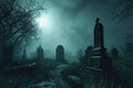 A spooky graveyard at night with tombstones, fog, and ominous moonlight Graveyard At Night Spooky Cemetery Royalty Free Stock Photo