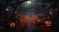 Spooky graveyard road with scary pumpkins on dark Halloween night Royalty Free Stock Photo
