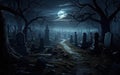 Spooky graveyard scene with moonlight casting eerie shadows on gravestones and trees