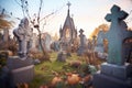 spooky graveyard with weathered tombstones at dusk Royalty Free Stock Photo