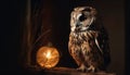 Spooky great horned owl perched on tree generated by AI Royalty Free Stock Photo