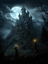 Spooky Halloween background with castle on a hill against a moonlit sky