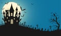 Spooky Halloween background with casttle. Creepy hand, bat, tombstone, grave, cross.Bats on the background of the full moon. Royalty Free Stock Photo