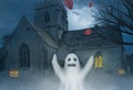 Spooky halloween background with a ghost in front of a church