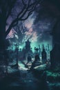 Spooky Halloween background with grave and graveyard. 3D rendering. Royalty Free Stock Photo