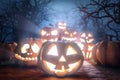 Spooky halloween background. Halloween Pumpkins In Spooky Forest At Night. Gloomy forest sunset with haunted evil glowing eyes of