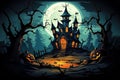 A spooky Halloween background themed 404 Timeout Error webpage design, with vector graphics featuring a haunted house, bats, a