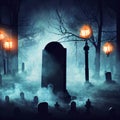 spooky Halloween card with ghost in graveyard at night Royalty Free Stock Photo