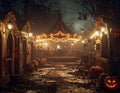 Spooky Halloween carnival with pumpkins lights and a carousel at night Royalty Free Stock Photo