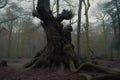 Spooky Halloween dead mysterious forest creepy trees with twisted roots and two lizard on misty night forest. Scary