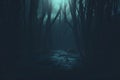 Spooky Halloween dead mysterious forest creepy trees with twisted roots and two lizard on misty night forest. Scary Royalty Free Stock Photo