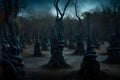 Spooky Halloween dead mysterious forest creepy trees with twisted roots and two lizard on misty night forest. Scary Royalty Free Stock Photo