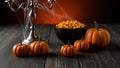 Spooky Halloween decor featuring small pumpkins, a bowl of candy corn, and a cobweb-draped candelabra on a rustic wooden table. Royalty Free Stock Photo