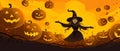 Spooky Halloween Enchantment: Sinister Witch with Pumpkins on a Glowing Yellow Background AI generated