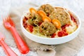 Spooky Halloween Food Idea - mitbolls as a mouse on a potato puree with tomato sauce, terrible and creativ dish for children fest Royalty Free Stock Photo