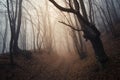 Spooky Halloween forest with fog in autumn Royalty Free Stock Photo