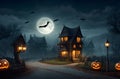 Spooky Halloween ghost village with a full moon, bats, and pumpkins