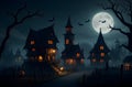Spooky Halloween ghost village with a full moon, bats, and pumpkins