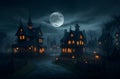 Spooky Halloween ghost village with a full moon, bats, and pumpkins