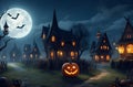 Spooky Halloween ghost village with a full moon, bats, and pumpkins