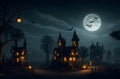 Spooky Halloween ghost village with a full moon, bats, and pumpkins