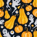 6041 Spooky Halloween ghosts and pumpkins seamless pattern on black background Royalty Free Stock Photo