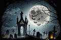 Spooky Halloween graveyard with bats and full moon