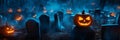 Spooky Halloween Graveyard with JackOLanterns Jackolanterns with eerie grins illuminate a misty graveyard creating a Royalty Free Stock Photo