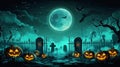 Spooky Halloween Graveyard at Night with Glowing Pumpkins Royalty Free Stock Photo