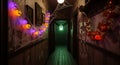 Spooky halloween hallway decorated with lights and cobwebs Royalty Free Stock Photo