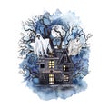 Watercolor Halloween haunted house and ghost painting. dark night scene