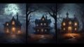 Spooky Halloween Haunted House Scene with Creepy Forest, Pumpkins, Witches, and Ghosts Royalty Free Stock Photo