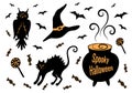 Spooky Halloween holiday decoration set: owl, black cat, cauldron with potion, witch hat, bats and sweets Royalty Free Stock Photo