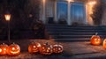 Spooky Halloween House Decorations: Pumpkin, Ghost, and Scary Night View. Royalty Free Stock Photo