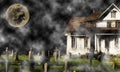 Spooky Halloween house with gravestones and silhouette of witch