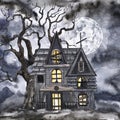 Watercolor Halloween night scene illustration with haunted house, dark sky, moon, dead tree. Hand painted background Royalty Free Stock Photo