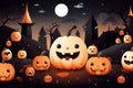 Spooky halloween illustration, pumpkins castle, dark, cartoon style for kids Royalty Free Stock Photo