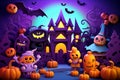 Spooky halloween illustration, pumpkins castle, dark, cartoon style for kids Royalty Free Stock Photo