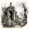 Spooky Halloween illustration with tombs in monochrome. Generative AI