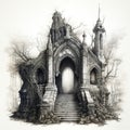 Spooky Halloween illustration with tombs in monochrome. Generative AI