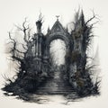 Spooky Halloween illustration with tombs in monochrome. Generative AI