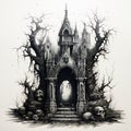 Spooky Halloween illustration with tombs in monochrome. Generative AI