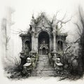 Spooky Halloween illustration with tombs in monochrome. Generative AI