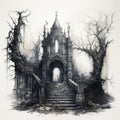 Spooky Halloween illustration with tombs in monochrome. Generative AI