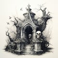 Spooky Halloween illustration with tombs in monochrome. Generative AI