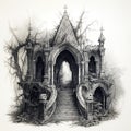 Spooky Halloween illustration with tombs in monochrome. Generative AI