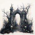 Spooky Halloween illustration with tombs in monochrome. Generative AI