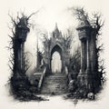 Spooky Halloween illustration with tombs in monochrome. Generative AI