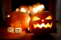 Spooky Halloween jack-o-lanterns lit at night Royalty Free Stock Photo